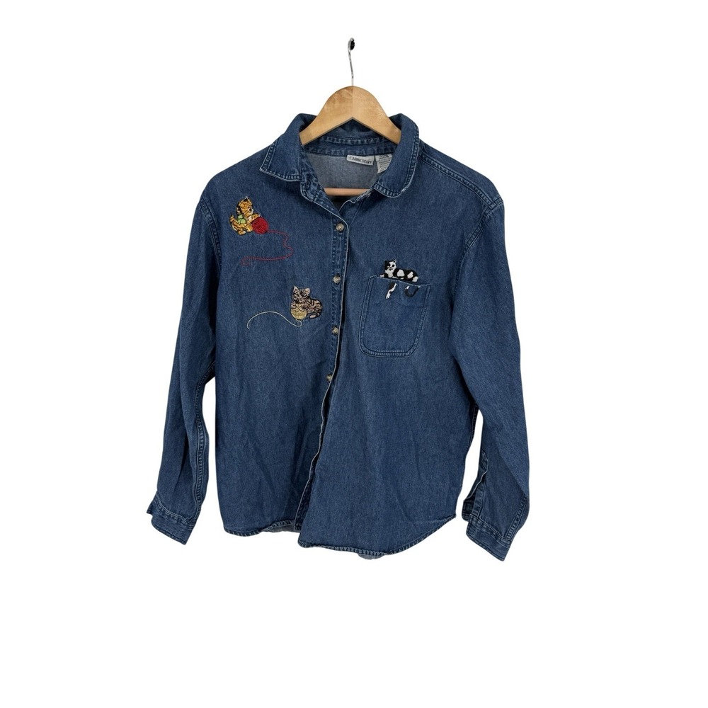 Cabin Creek Denim Shirt Womens LP Cats Lady Animals Grandma Vintage Folk Kitty